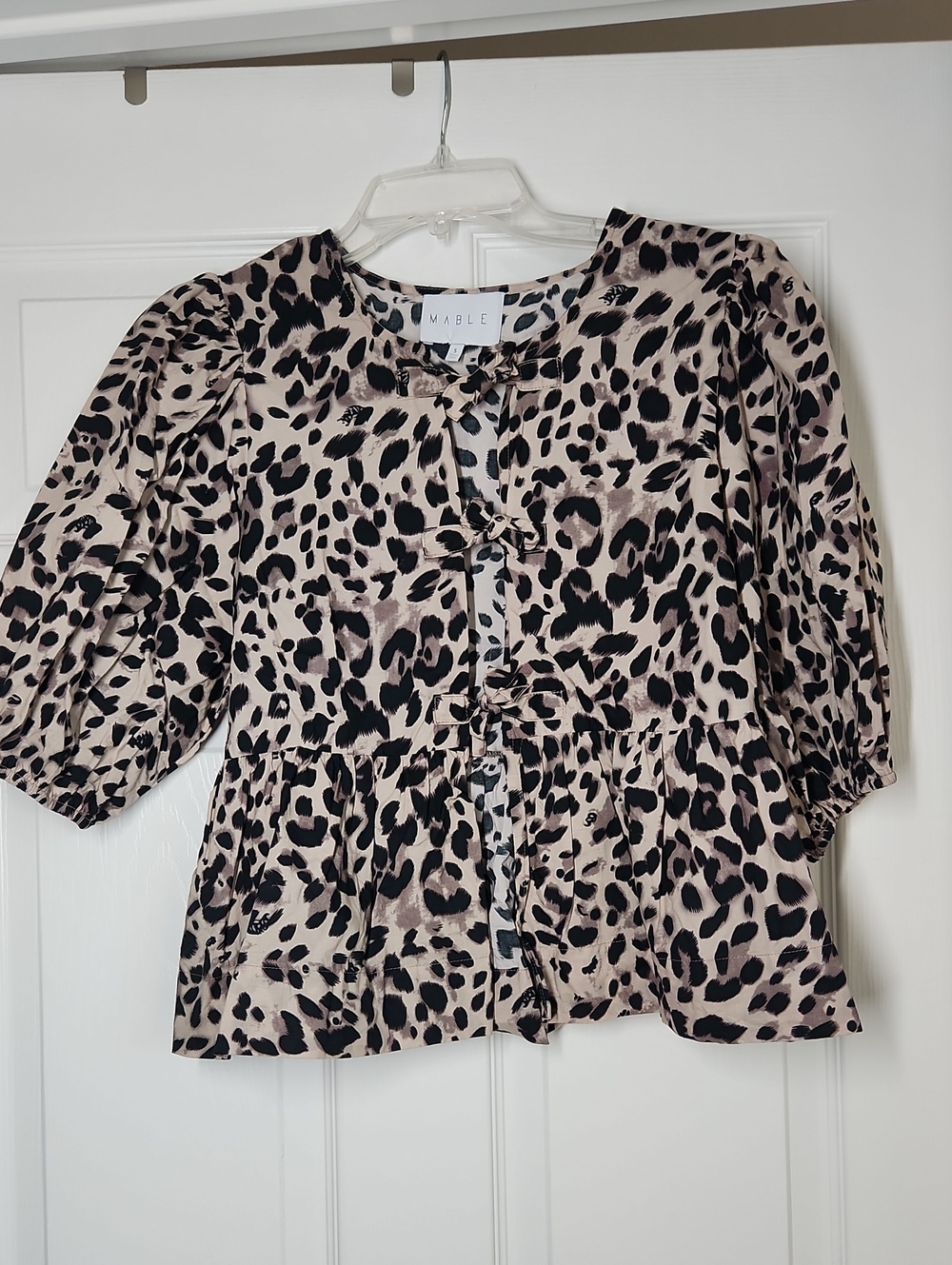 MABLE Beige and Black Leopard-Print Peplum Blouse